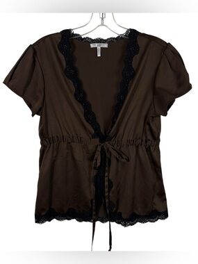 Metro 7 Y2K Vintage Silky Beaded Black Trim Puff Sleeve Tie Front Top Small S